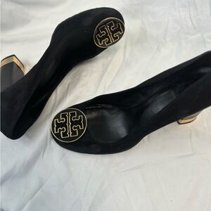 Tory Burch Black Suede Heels with Gold Logo